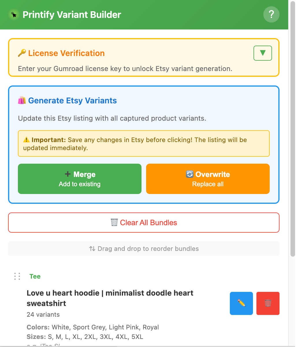 Extension popup showing captured bundles and Etsy variant generation controls