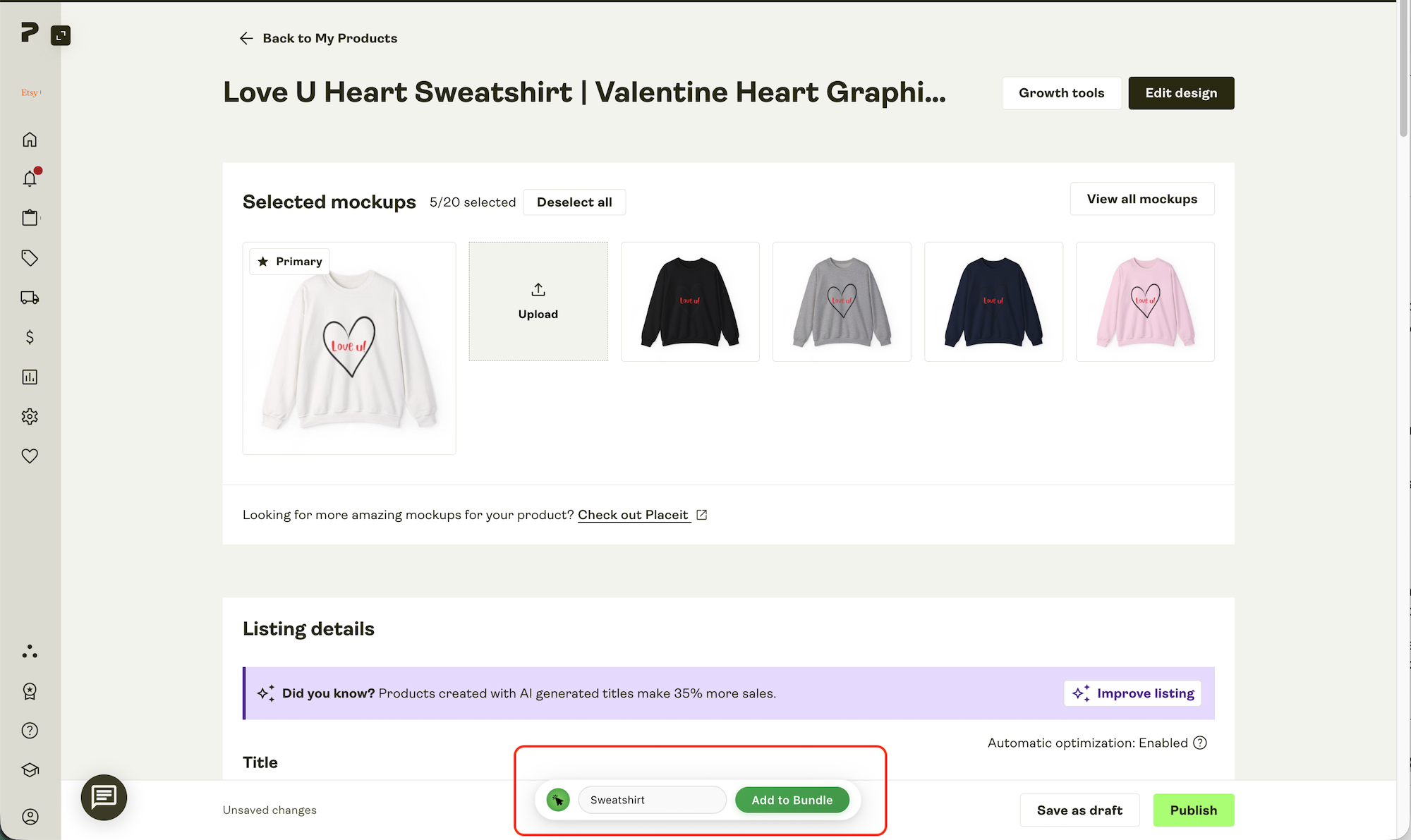 Printify product details page with the floating Add to Bundle button