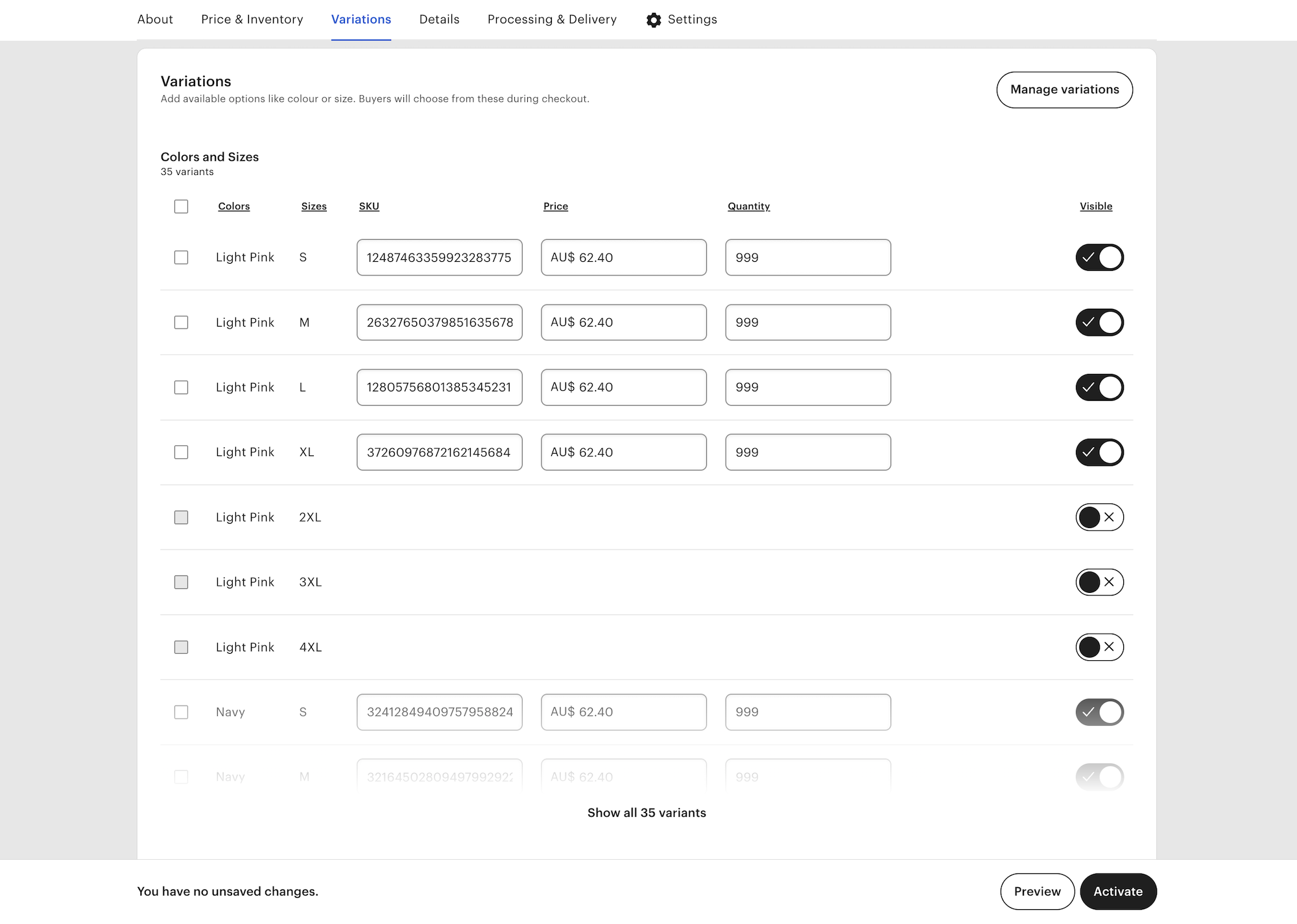 Etsy variation table example showing size/product type and color columns