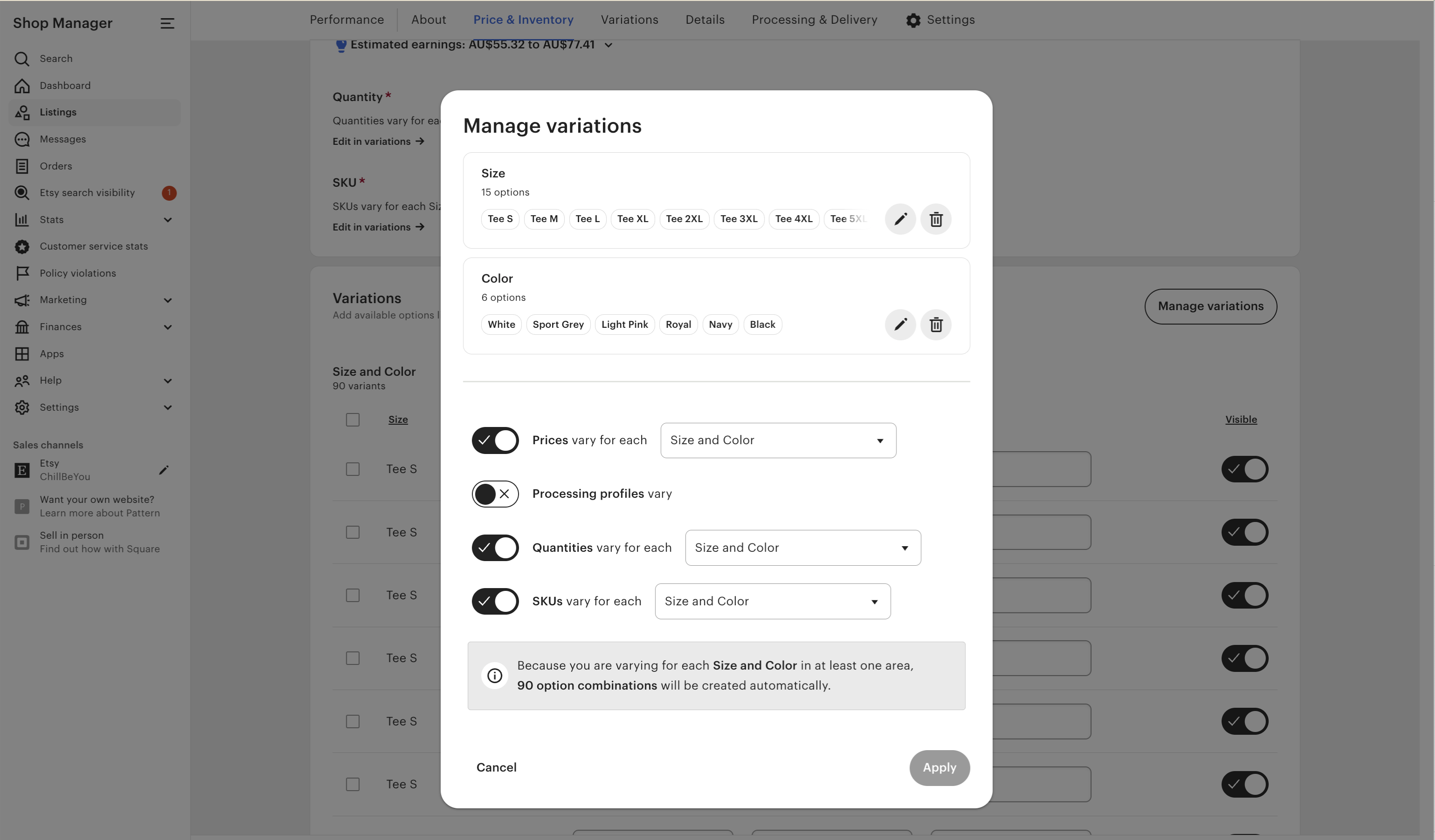 Etsy listing editor variations populated with size and color combinations